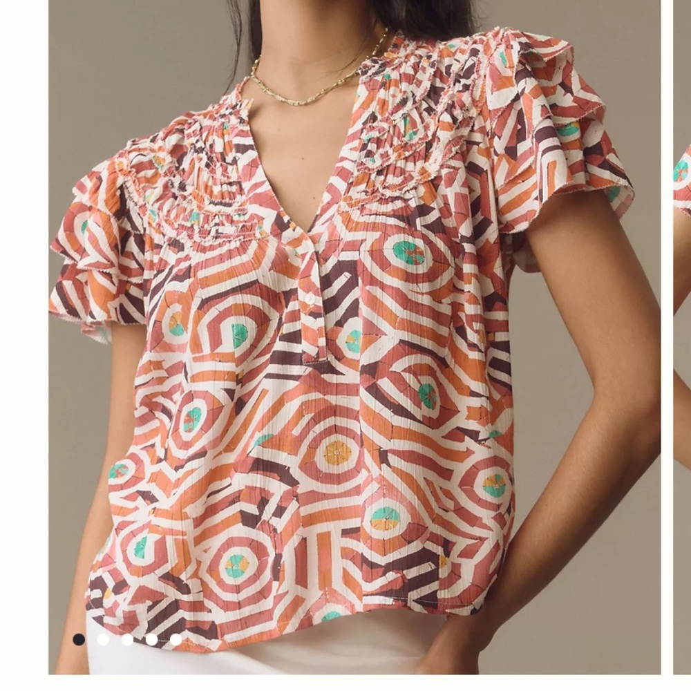 Maeve Multicolor Geometric Smocked V-Neck Blouse
